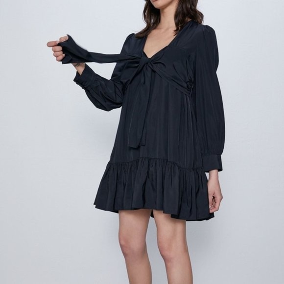 Zara Dress Women's Size Small Oversized Black Long Sleeve Mini Bow Tiered Ruffle - Picture 5 of 13